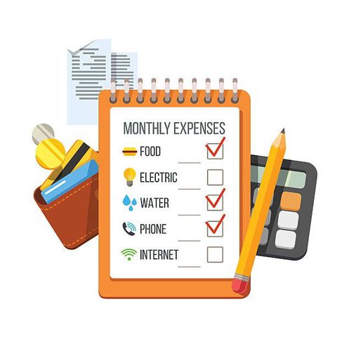 Illustration of a notepad listing monthly expenses — food, electric, water, phone, internet — beside a wallet, calculator, and pencil.