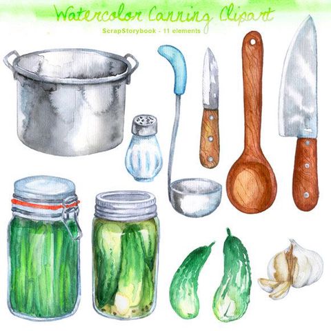 Watercolor illustration of canning supplies: a stockpot, jars of pickles, knives, a wooden spoon, garlic, and cucumbers.